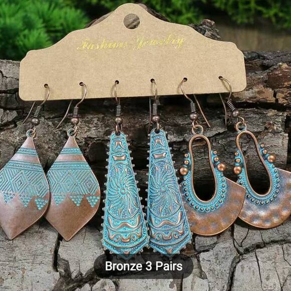 Ancient Green Teal & Bronze Vintage Pendant Earrings Folklore Drop Dangle 3 Pair - Picture 3 of 7